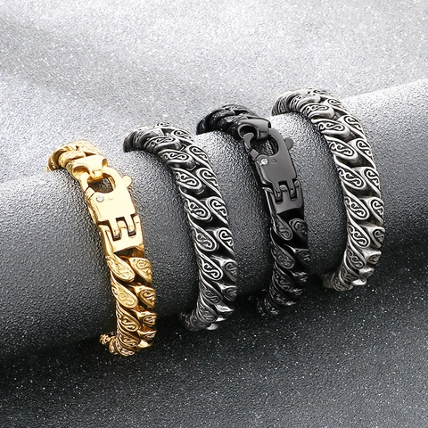 Pulsera De Eslabones Cubanos Para Hombre Acero Inoxidable 316L Grabado Patrón Retro Punk Hip Hop Joyería Regalo Con Cierre Langosta