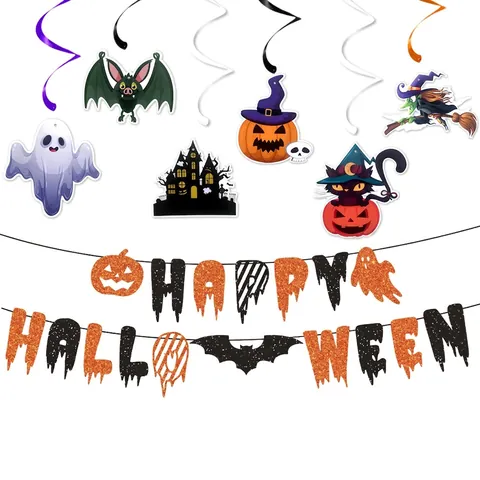 Halloween Banner Happy Halloween Hanging Swirl Decoration Glitter Paper Party Decor Pumpkin Bat Ghost Theme