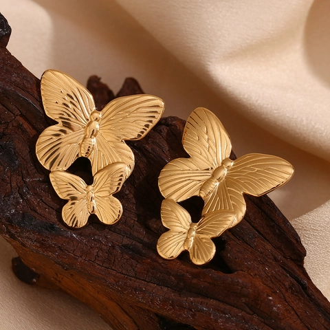 Exaggerated Stainless Steel Butterfly Hoop Earrings 18K Gold Plated Retro Niche Fashion Jewelry For Women Double Layer Design