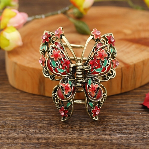 Butterfly Hair Claw Clips Vintage Zinc Alloy Rhinestone Enamel Non-Slip Hair Grips Accessories For Women Girls