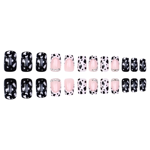 Cow Print Press On Nails With Rhinestones French Tip Square Long False Nails For Women Fashion Manicure
