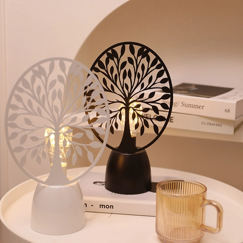 LED Table Lamp Hollow Metal Tree Of Life Buddha Design Decorative Night Light USB Charging Atmosphere Lamp For Bedroom