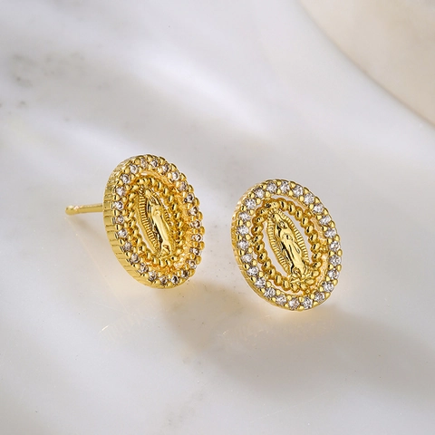 Boucles D'oreilles Puces Vierge Marie Cuivre Plaqué Or 18K Zircon Religieux Notre-Dame De Guadalupe Rétro Femme