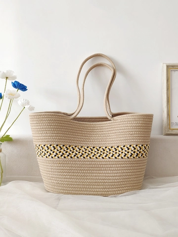 Women Woven Tote Bag Cotton Rope Large Capacity Color Block Striped Summer Beach Vacation Shoulder Handbags