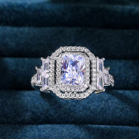 Luxury Ring Copper Zirconia Radiant Cut Emerald Shape Double Halo Baguette Side Stones Engagement Wedding For Women