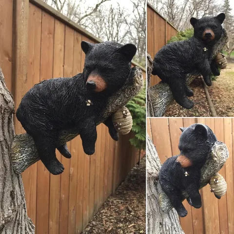 Black Bear Garden Statue Resin Sleeping Bear On Tree Branch With Beehive Bees Figurine Outdoor Yard Decor Ornament