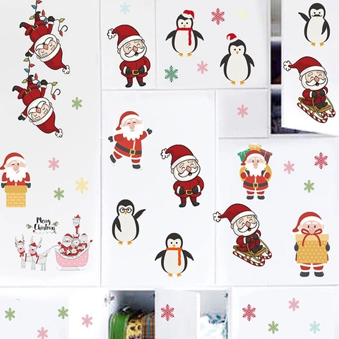 Weihnachtsaufkleber Wand PVC Cartoon Weihnachtsmann Pinguin Schneeflocken Kühlschrankdekor Feiertagsdekoration Abnehmbar