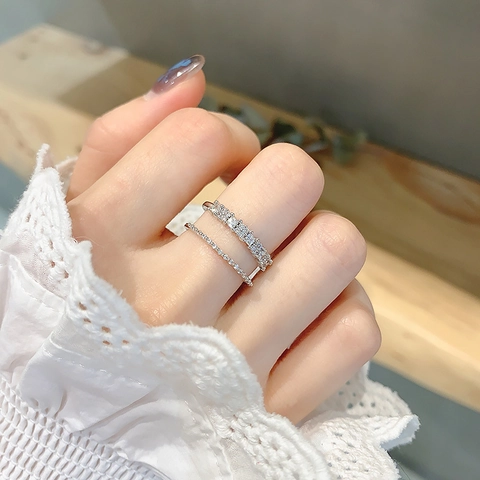 Zircon Flower Petal Ring Copper Double Layer Adjustable Opening Light Luxury Jewelry For Women