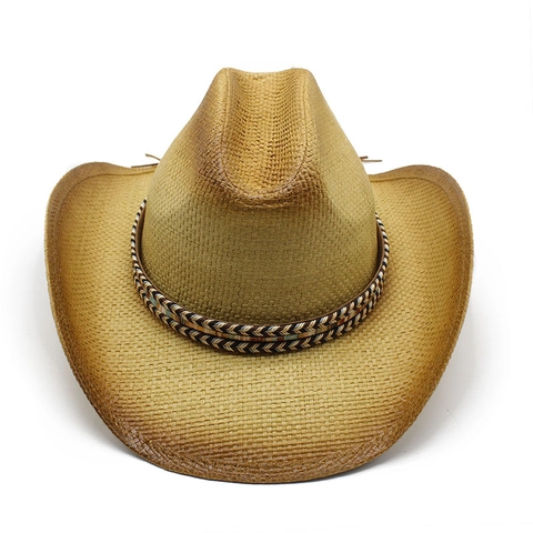 Cappello Da Cowboy Occidentale Paglia Di Carta Tesa Larga Fascia Etnica Protezione Solare Traspirante Vacanza Al Mare Stile Retrò