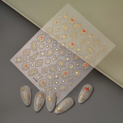 5D Relief Nail Art Stickers Gold Bronzing Star Moon Heart Laser Bohemian Thin Waterproof Manicure Decoration For Women