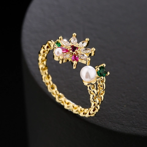 18K Gold Plated Copper Adjustable Open Ring For Women Micro Inlaid Zircon Artificial Pearl Shell Geometric Niche Design Jewelry
