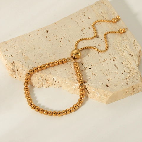 18K Vergoldetes Edelstahl Perlenarmband Für Damen Minimalistisches Verstellbares Schiebeverschluss Rundperlenkette Schmuck Geschenk