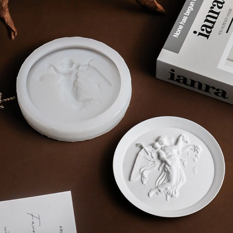 Angel Relief Silicone Mold Round Tray Plate DIY Resin Casting Plaster Candle Handmade Cupid Decor Craft