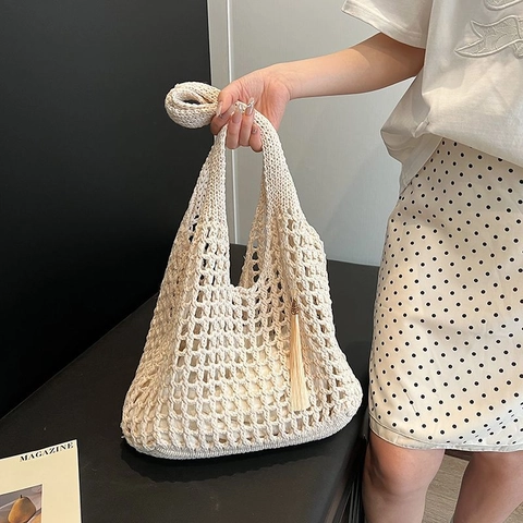 Borsa Tote In Maglia Traforata Borsa A Spalla In Rete Con Nappa Grande Capacità Spiaggia Estate Casual Da Donna