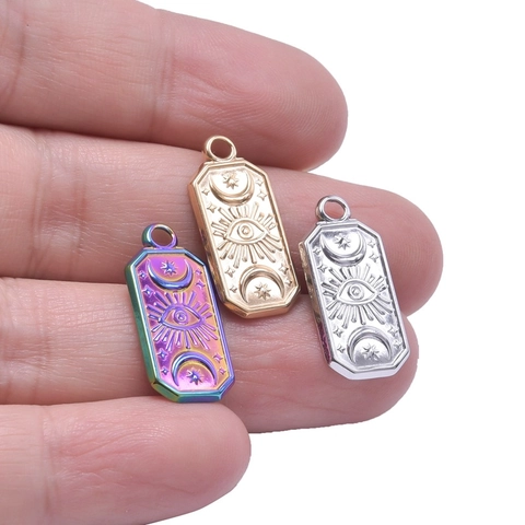 Collana Con Ciondolo Occhio Del Diavolo Acciaio Inossidabile Celeste Luna Stella Sole Targhetta Rettangolare Placcato Oro 18K Gioielli