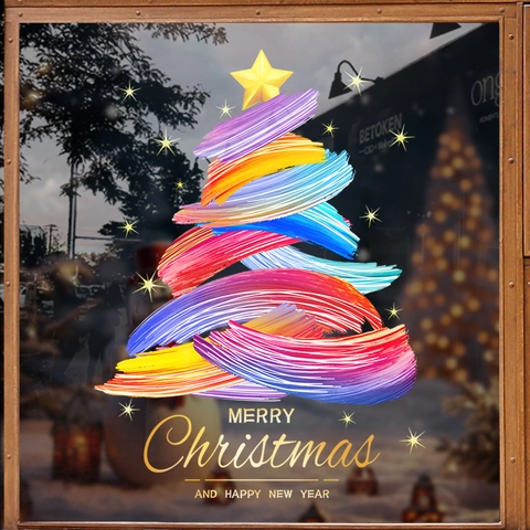Christmas Tree Window Stickers Static Cling PVC Colorful Artistic Brush Strokes Double Sided Decor For Glass Door Shop Showcase