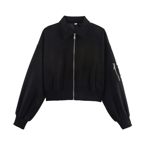 Chaqueta Bomber De Gamuza Sintética Para Mujer Cremallera Solapa Corta Holgada Ropa De Calle Casual Manga Larga