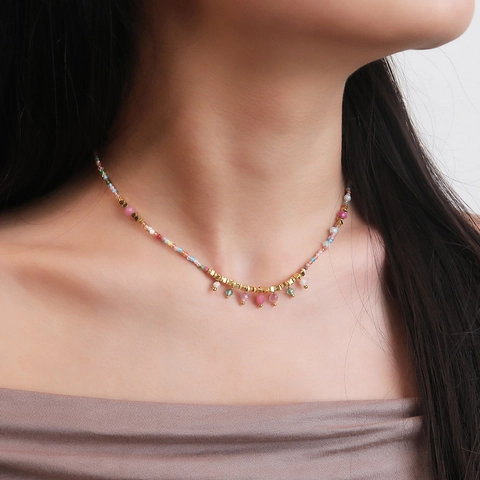 Bohemian Multicolor Natural Stone Beaded Necklace For Women Summer Fresh Handmade Gold Plated Copper Vacation Choker Jewelry