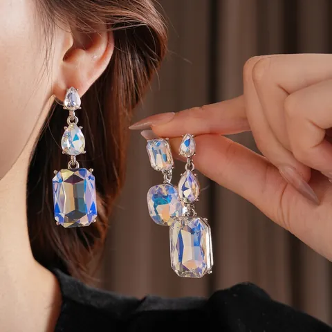 Boucles D'oreilles Pendantes Géométriques Avec Cristal Irisé Et Tige En Argent Bijoux De Mode Pour Femmes