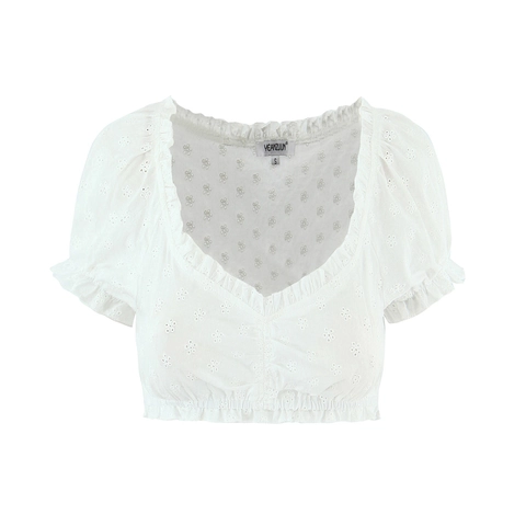 Damen Weiß Baumwolle Lochstickerei Puffärmel Crop Top Und Hohe Taille Faltenrock Französisch Vintage Cottagecore