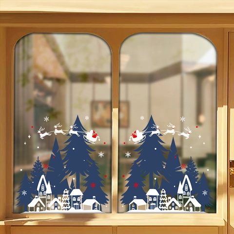 Vetrofanie Natalizie PVC Statiche Riutilizzabili Doppio Lato Babbo Natale Renna Casa Della Neve Decorazione Vetro