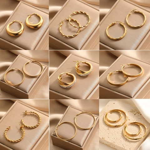 Gold Plated Titanium Steel Hoop Earrings For Women Minimalist Geometric Twisted Chunky Circle Ear Jewelry