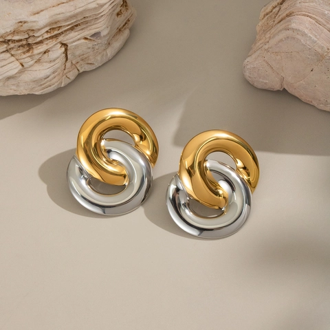 Pendientes De Botón De Aro Entrelazados Minimalistas Bicolor Oro Plata Acero Inoxidable Impermeable Hipoalergénico