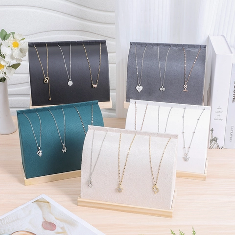 Necklace Display Stand Solid Wood Base Velvet PU Leather Curved Slanted Jewelry Organizer Desktop Holder