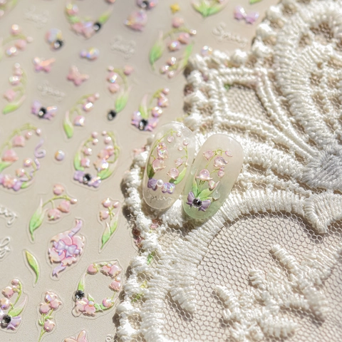 Stickers Nail Art Relief 3D Motifs Floraux Muguet Marguerite Strass Cristal Auto-Adhésifs Élégant Décoration Manucure