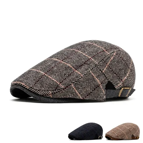 British Style Men Newsboy Hat Tweed Cotton Polyester Warm Flat Cap Classic Plaid Adjustable Buckle Ivy Driving Cap