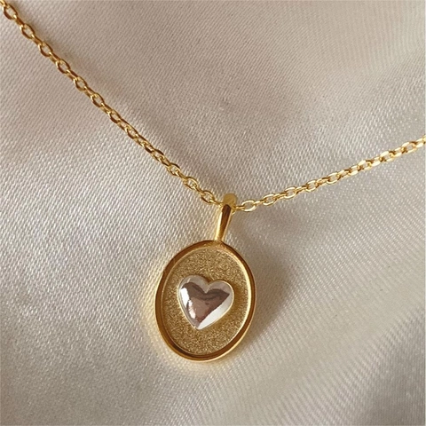 Ovaler Anhänger Halskette Edelstahl Herz Geprägt Zweifarbig 18K Vergoldet Vintage Minimalistischer Schmuck Für Damen