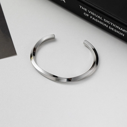 Mobius Loop Open Cuff Bangle Silver Plated Copper Minimalist Smooth Polished Adjustable Unisex Wristband Jewelry