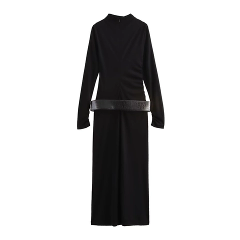 Elegantes Langarm Maxi Kleid Strick Stehkragen Geraffte Seite Einfarbig Schmal Mit Krokodil Gürtel Rückseite Reißverschluss