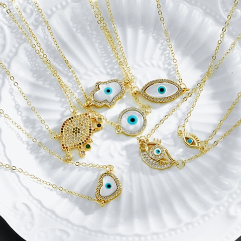 Evil Eye Anhänger Kette Messing Vergoldet AAA Zirkonia Natur Perlmutt Hamsa Hand Böhmischer Mode Schmuck Damen