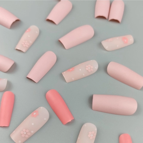 Press On Nails Long Square Pink Matte False Nails With Flower Polka Dot Design French Style For Women