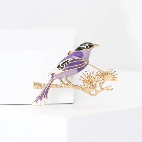 Bird Magpie Brooch Pin Alloy Enamel Pine Branch Elegant Fashion Jewelry For Women