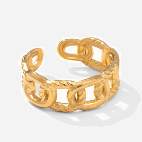 French Retro Hollow Chain Open Ring 18K Gold Plated Stainless Steel Adjustable Geometric Jewelry For Women