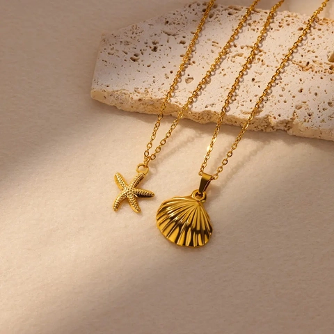Ocean Theme Necklace Gold Plated Stainless Steel Sea Star Shell Whale Tail Pendant Simple Retro Style For Women