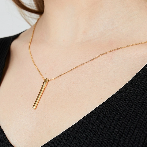 Collier Pendentif Minimaliste en Laiton Joint de Bambou pour Femmes Plaqué Or Barre Cylindrique Strass Incrusté Bijoux Hip Hop