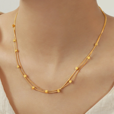 Collier Double Couche Minimaliste en Acier Inoxydable Chaîne Serpent Perle Cube Plaqué Or Collier Ras du Cou Bijoux Femme