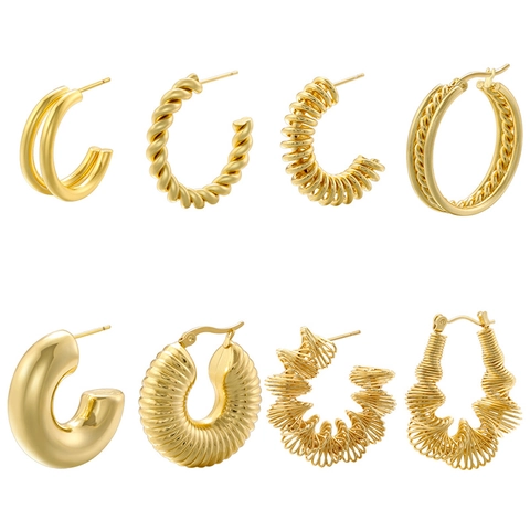 French Retro Style Copper Gold Plated C-Shape Stud Earrings Geometric Irregular Twisted Threaded Hoop Earrings For Women Jewelry