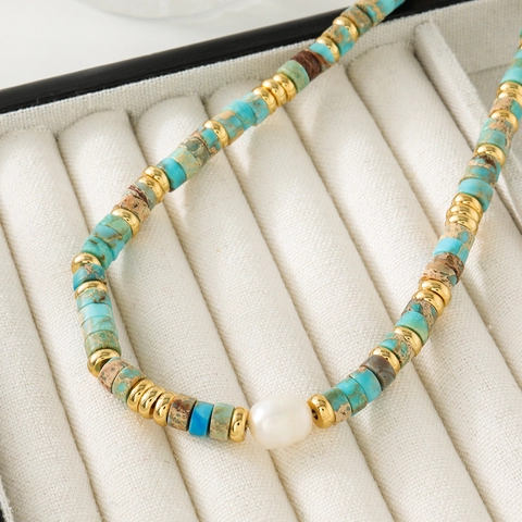 Collier en Perles de Pierre Naturelle pour Femmes Avec Perle d'Eau Douce Fait à la Main Cuivre Plaqué Or Style Jaspe Turquoise Bijoux de Mode