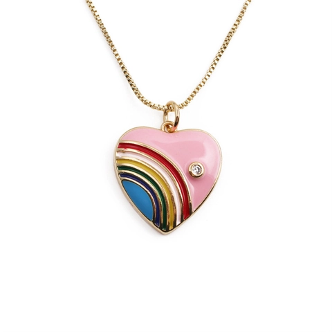 Heart Pendant Necklace Copper Pink Enamel Rainbow Gold Plated Link Chain Zircon Inlaid Trendy Fashion Jewelry For Women