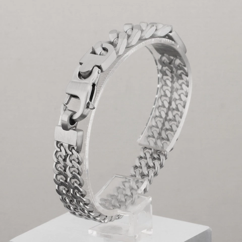 Brushed Stainless Steel Double Layer Cuban Chain Bracelet For Men Punk Hip Hop Industrial Style Matte Jewelry