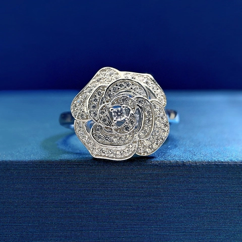 S925 Sterling Silver Camellia Flower Ring For Women Vintage Luxurious Rhinestone Inlaid Rose Flower Elegant Jewelry Ring Finger Ornament
