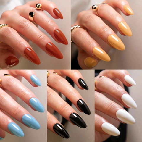 Glänzende Einfarbige Aufklebe-Nägel Lange Mandelform Künstliche Nägel Für Frauen Einfache Elegante High Gloss DIY Maniküre