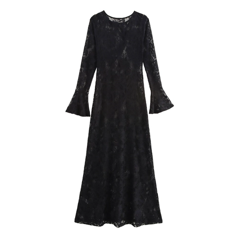 Elegant Black Lace Maxi Dress Long Flare Sleeve Round Neck Slim Fit Sexy Party Evening Dresses For Women