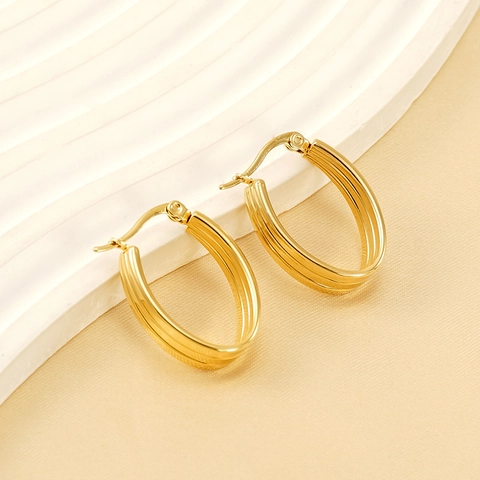 18K Gold Plated Stainless Steel Hoop Earrings For Women Triple Layer Ribbed Oval Geometric Ear Buckles Fashion Jewelry