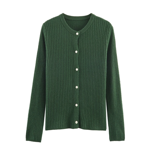 Cardigan En Tricot Côtelé Pour Femmes Pull Col Rond Manches Longues Boutonné Coupe Ajustée Haut Uni