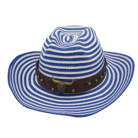 Western Cowboy Striped Straw Hat With Leather Band Metal Bull Head Vintage Sun Protection Beach Summer Outdoor Cap